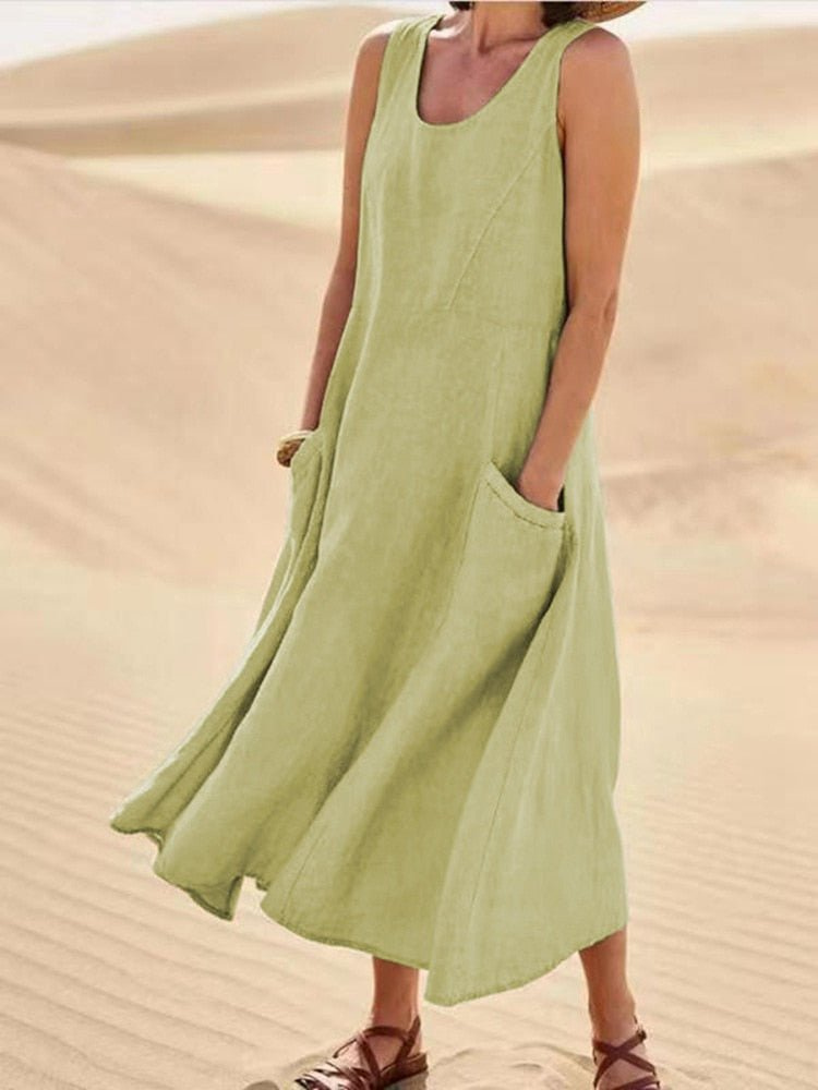 Marisol Linen Midi Dress Sleeveless Pockets Casual