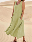 Marisol Linen Midi Dress Sleeveless Pockets Casual