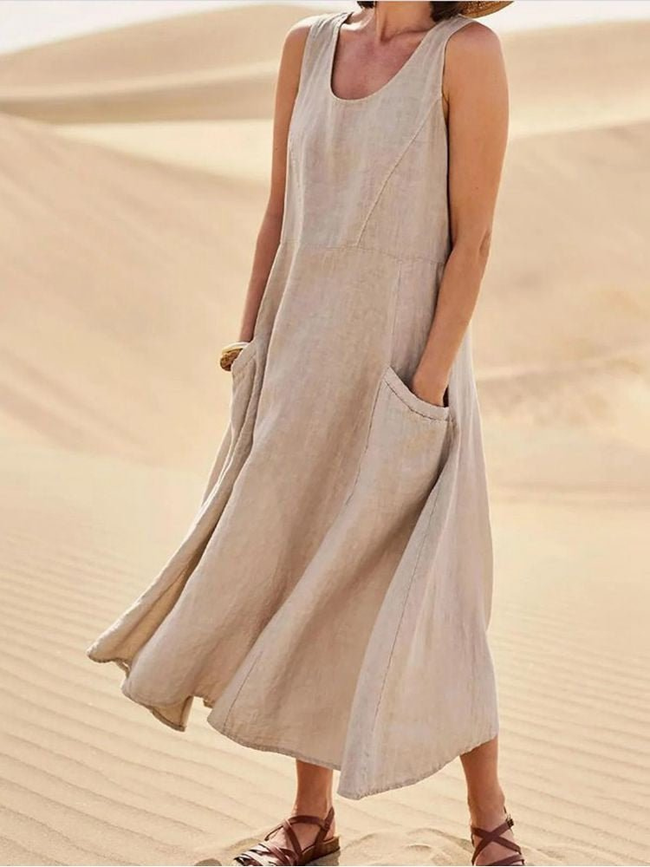 Marisol Linen Midi Dress Sleeveless Pockets Casual