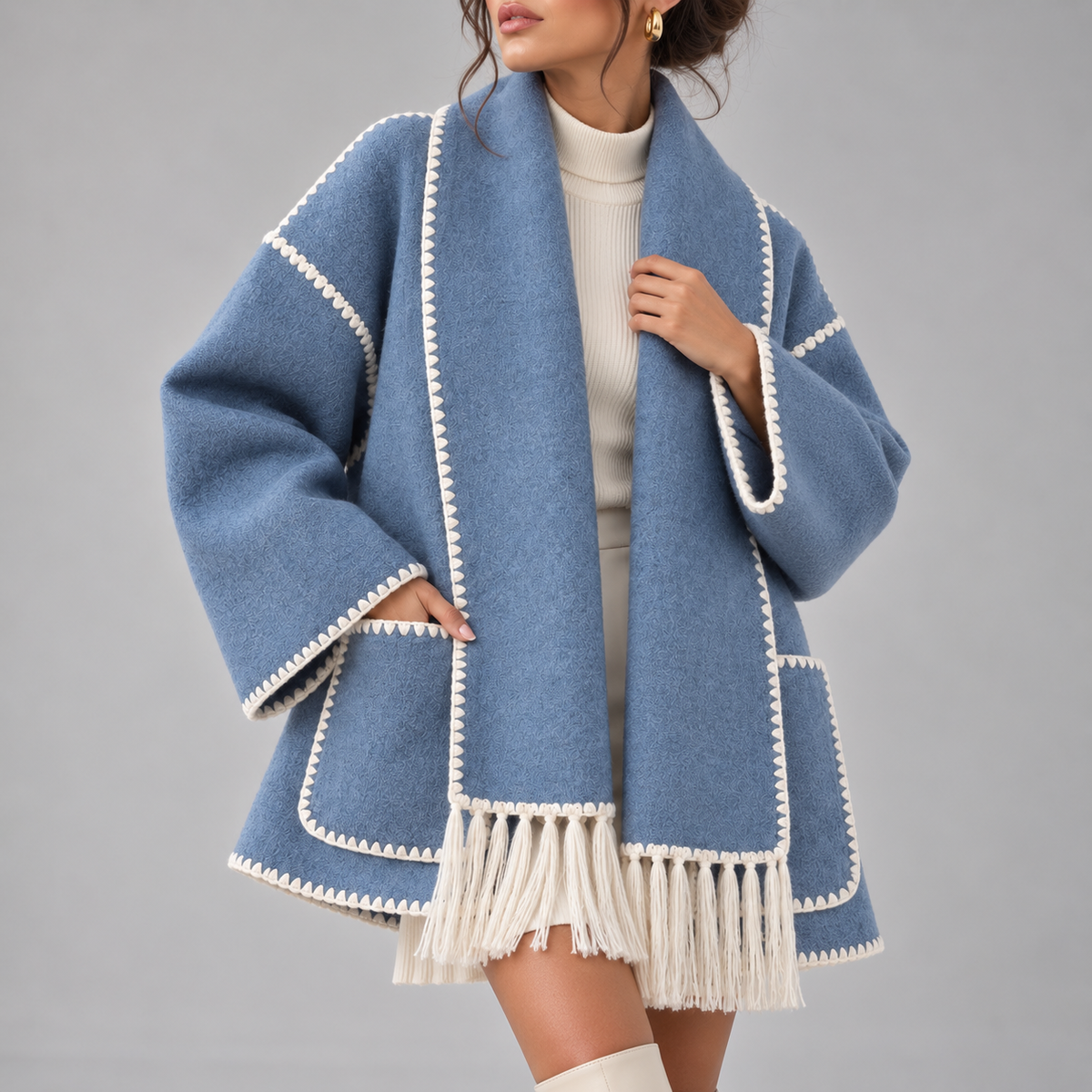 Bettina Fringed Blanket Scarf Wrap Coat