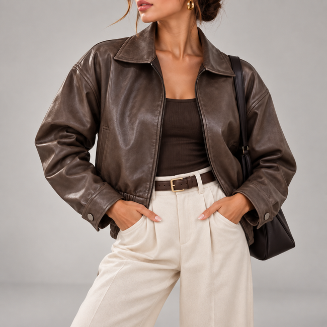 Marcella Cropped Zip-Up Leather Bomber Jacket