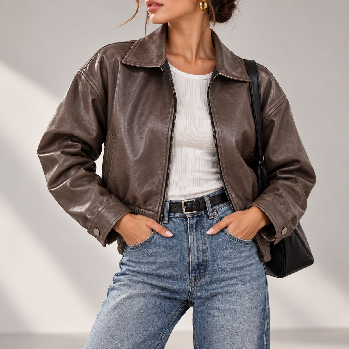 Marcella Cropped Zip-Up Leather Bomber Jacket