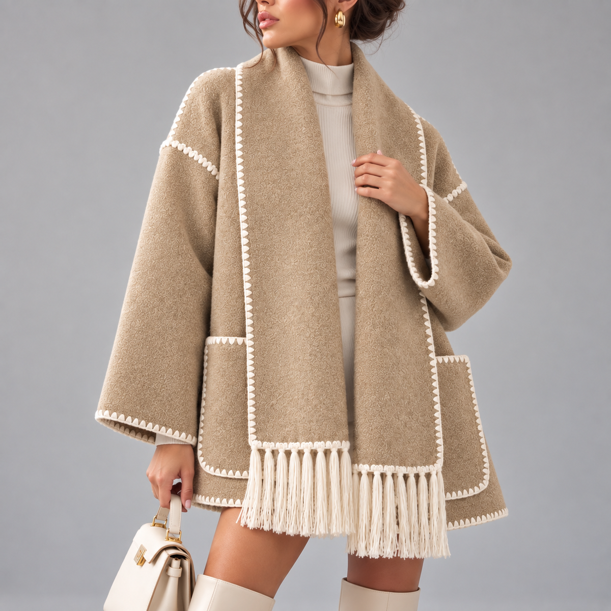 Bettina Fringed Blanket Scarf Wrap Coat