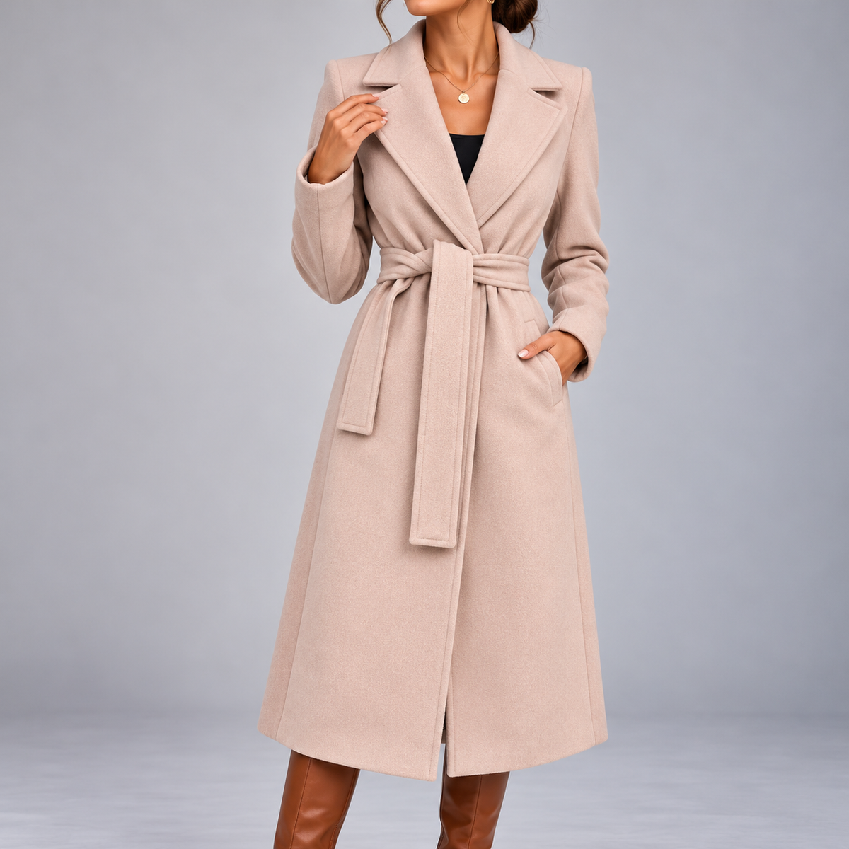 Marcelline Belted Shawl-Collar Wrap Coat