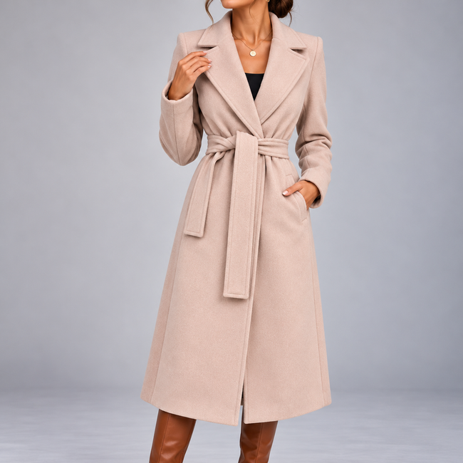 Marcelline Belted Shawl-Collar Wrap Coat