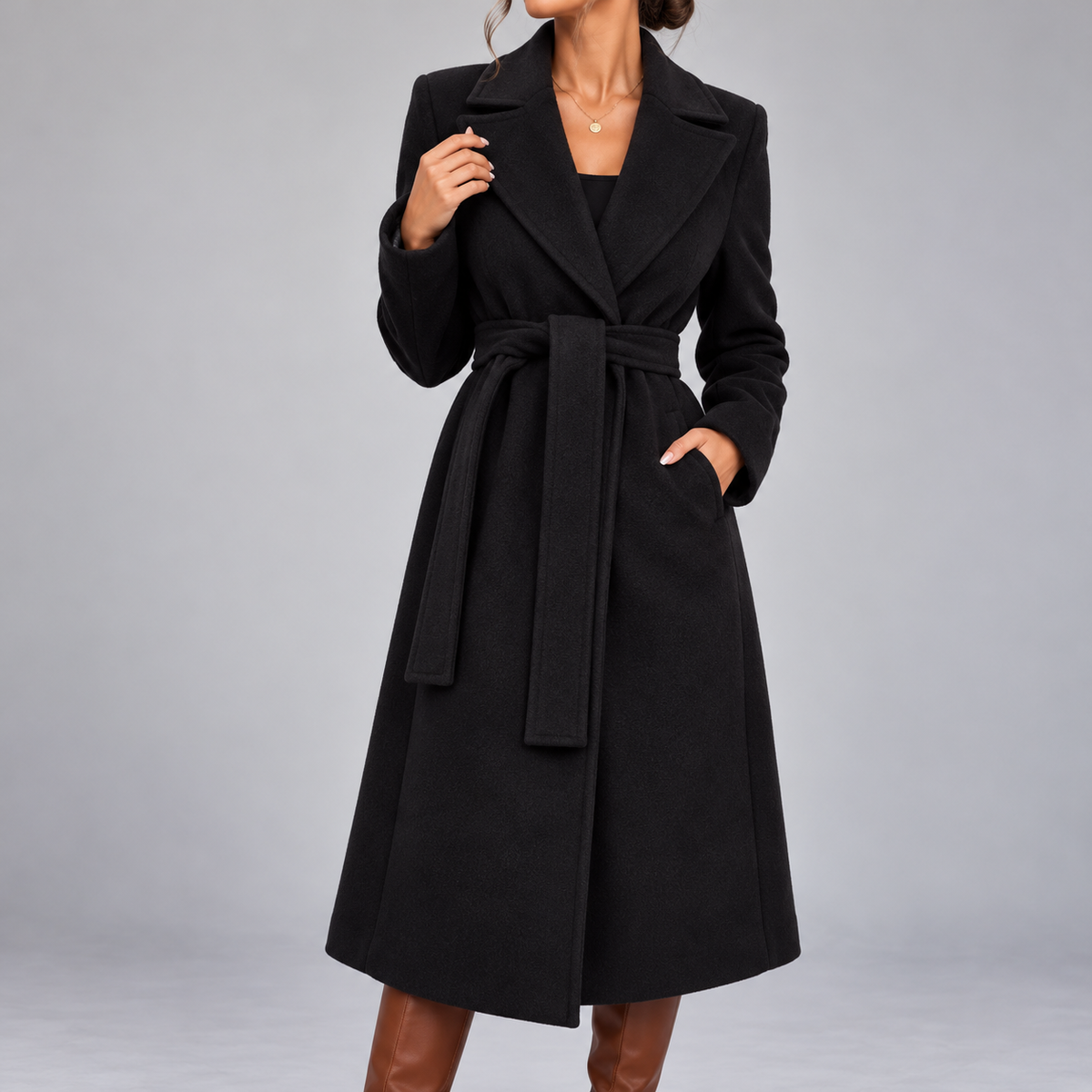Marcelline Belted Shawl-Collar Wrap Coat