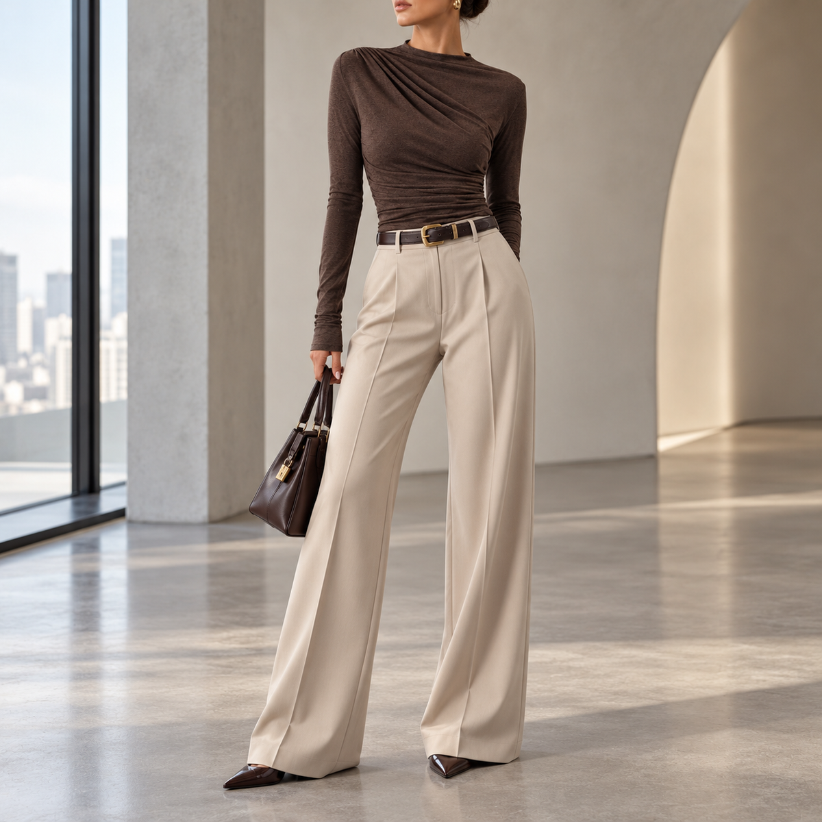 Fiorella Ruched Mock-Neck Long-Sleeve Top