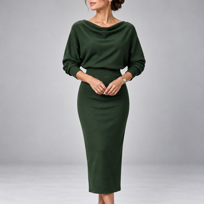 Fiammetta Draped-Neck Fitted Midi Dress