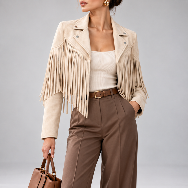 Savannah Cropped Boho Fringe Suede Jacket