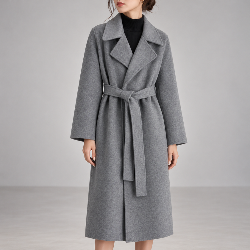 Perla Belted Wide-Lapel Wrap Coat