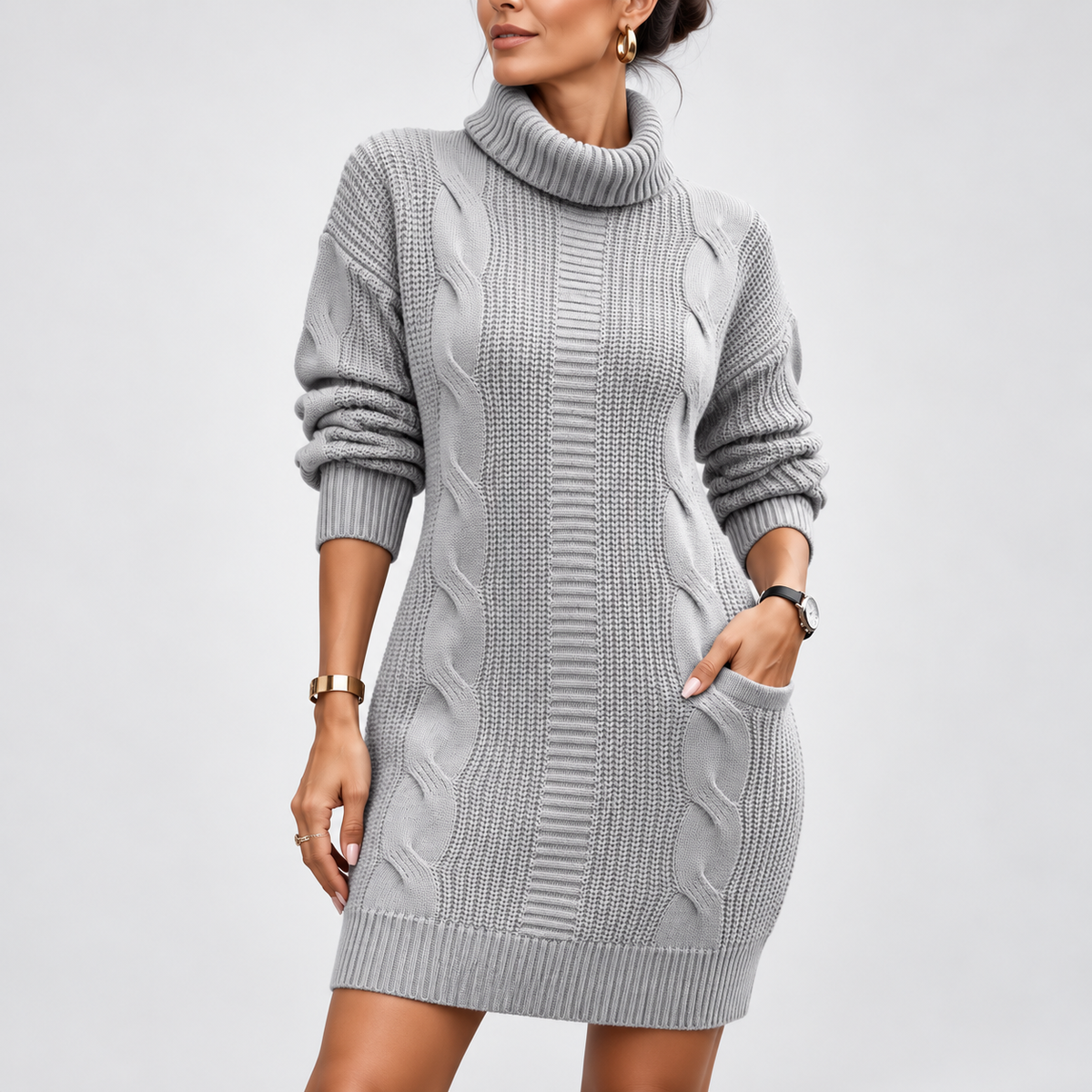 Aurora Cable Knit Turtleneck Sweater Dress