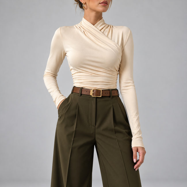 Delphina Cross-Over Collar Cinched Top