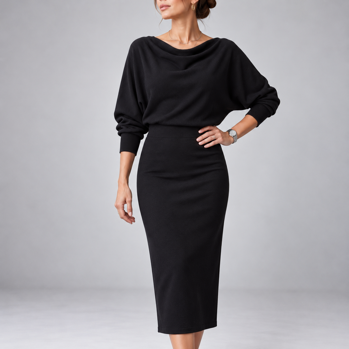 Fiammetta Draped-Neck Fitted Midi Dress