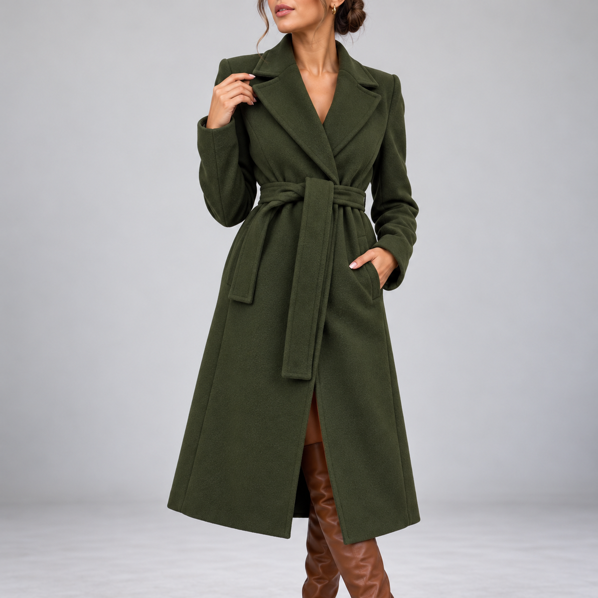Marcelline Belted Shawl-Collar Wrap Coat