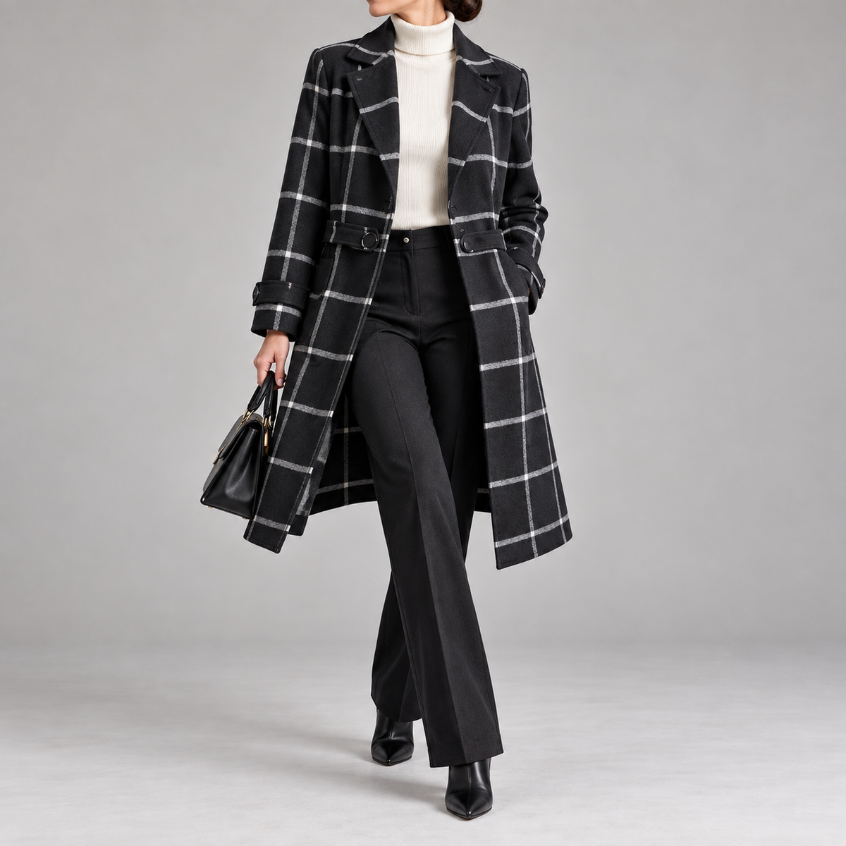 Henriette Plaid Single-Button Wool Coat