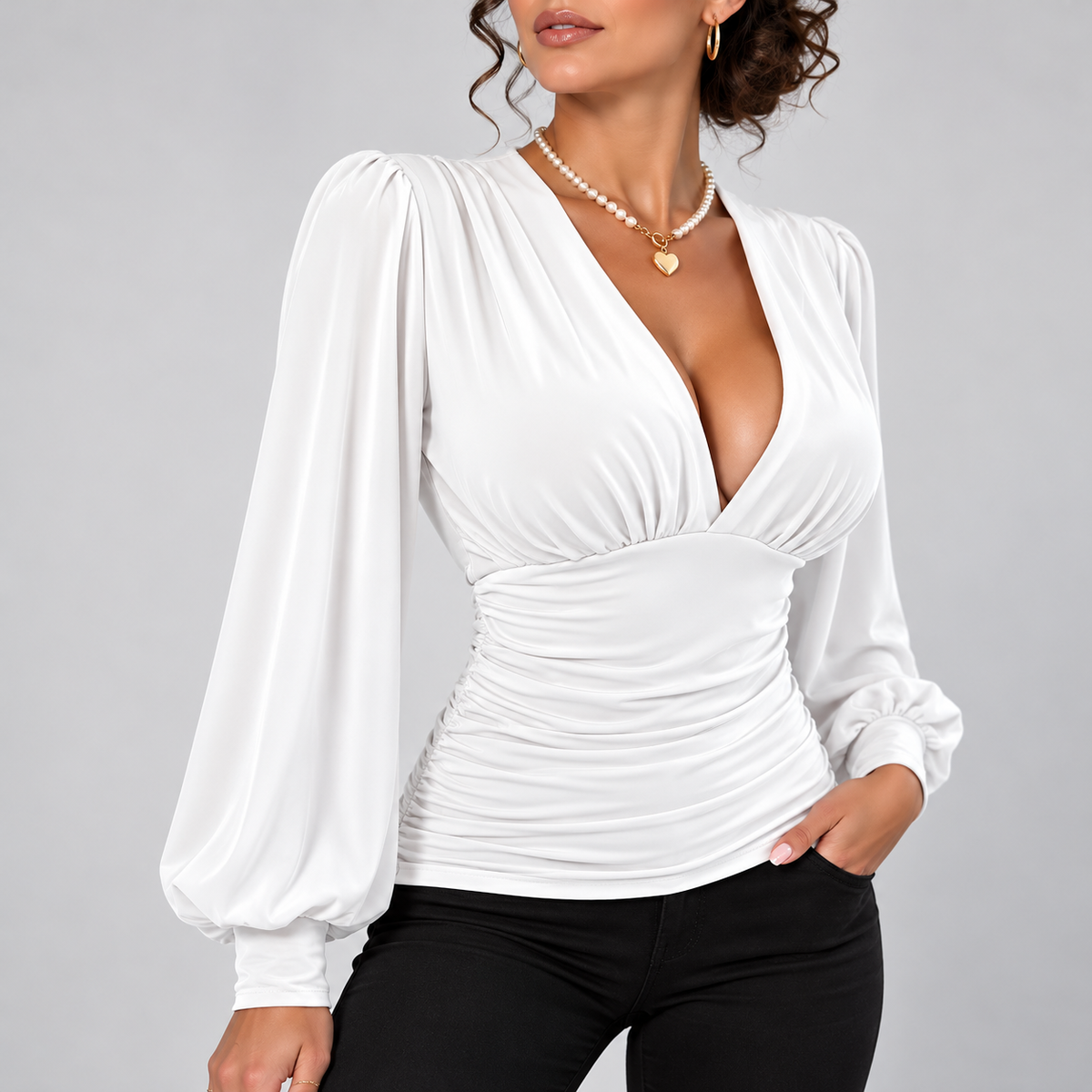 Clarissa Ruched Deep V-Neck Blouse