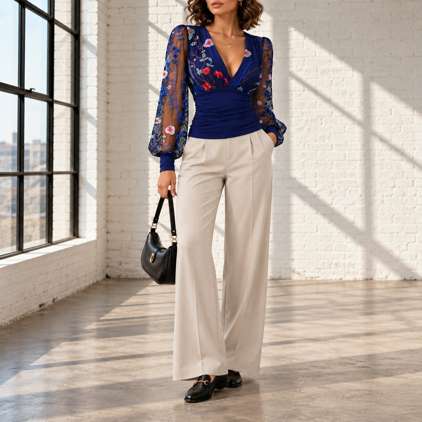 Clarissa Ruched Deep V-Neck Blouse