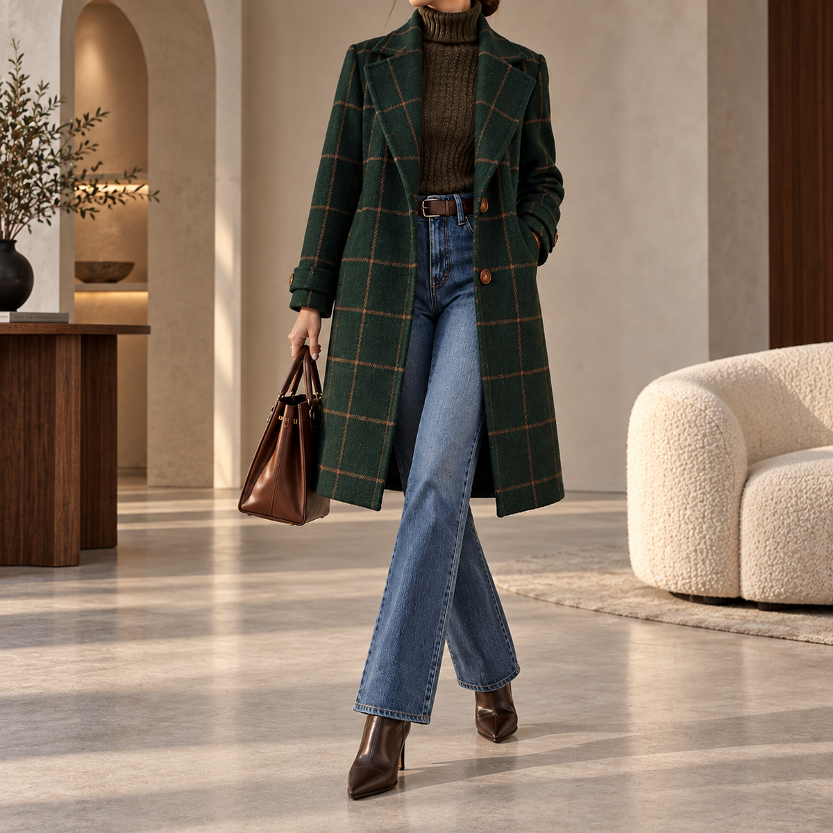 Henriette Plaid Single-Button Wool Coat