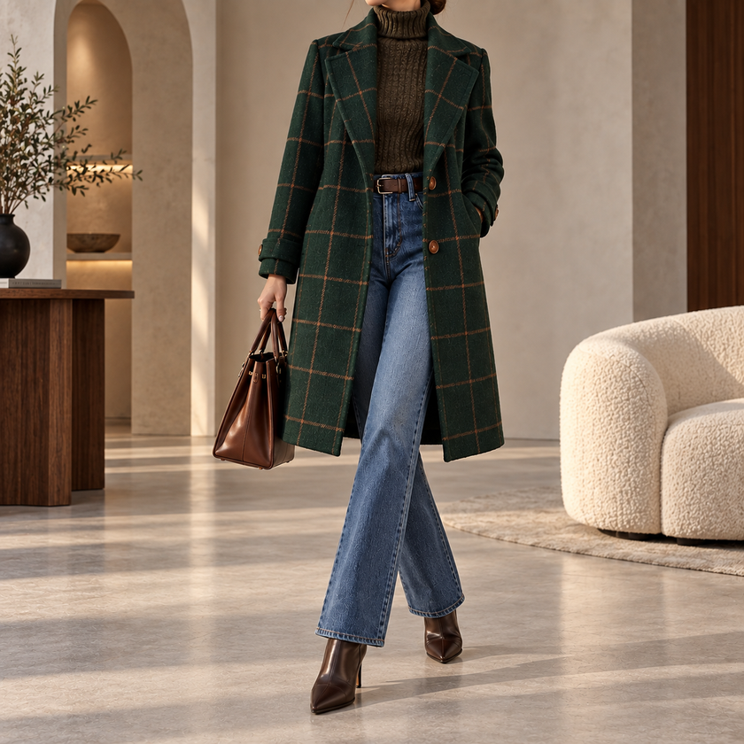 Henriette Plaid Single-Button Wool Coat