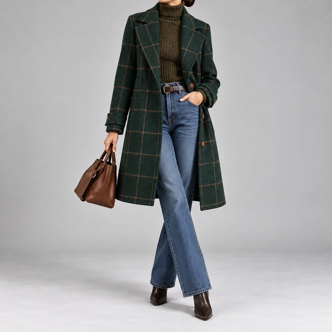 Henriette Plaid Single-Button Wool Coat