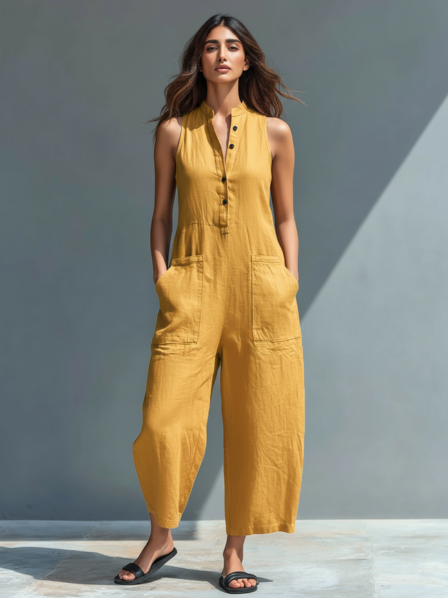 Celia Wide-Leg Button-Front Sleeveless Jumpsuit Casual Pockets