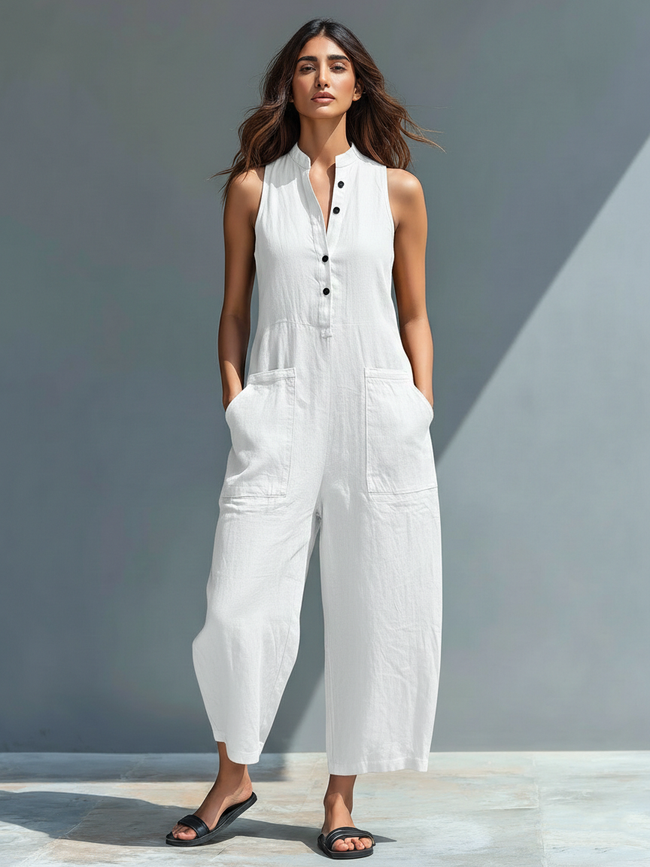 Celia Wide-Leg Button-Front Sleeveless Jumpsuit Casual Pockets