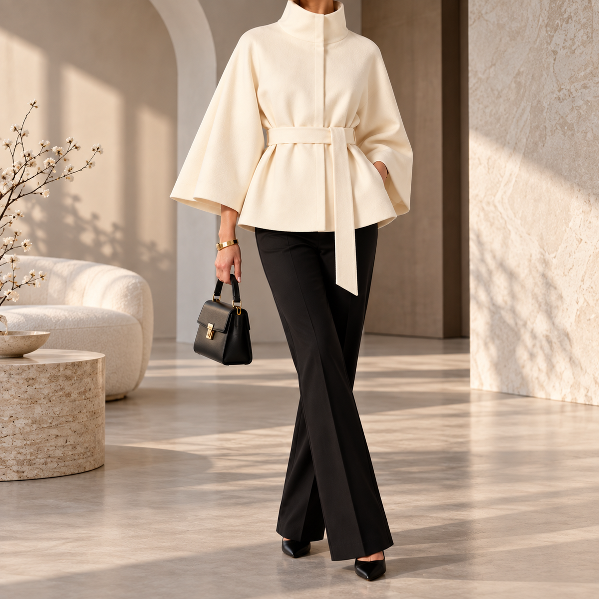 Simone Belted High-Neck Cape Coat