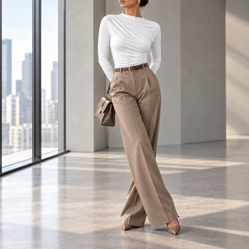 Fiorella Ruched Mock-Neck Long-Sleeve Top