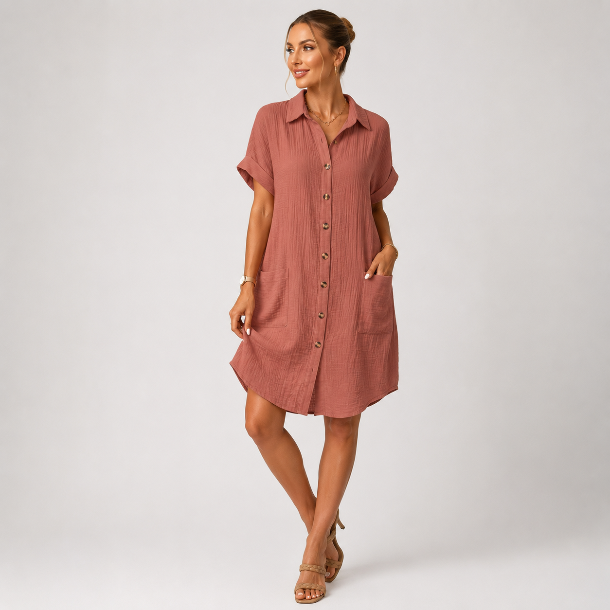 Button Front Shirt Dress Short Sleeve Relaxed Casual Summer Wear