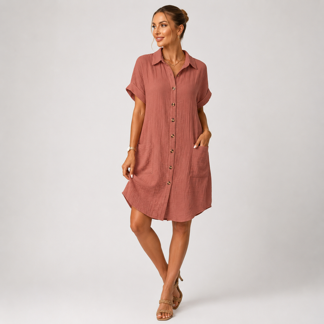 Button Front Shirt Dress Short Sleeve Relaxed Casual Summer Wear