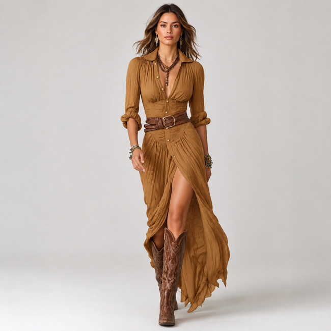 Maxi Dress Shawl Collar Belted Elegant Formal Evening Occasion Wear