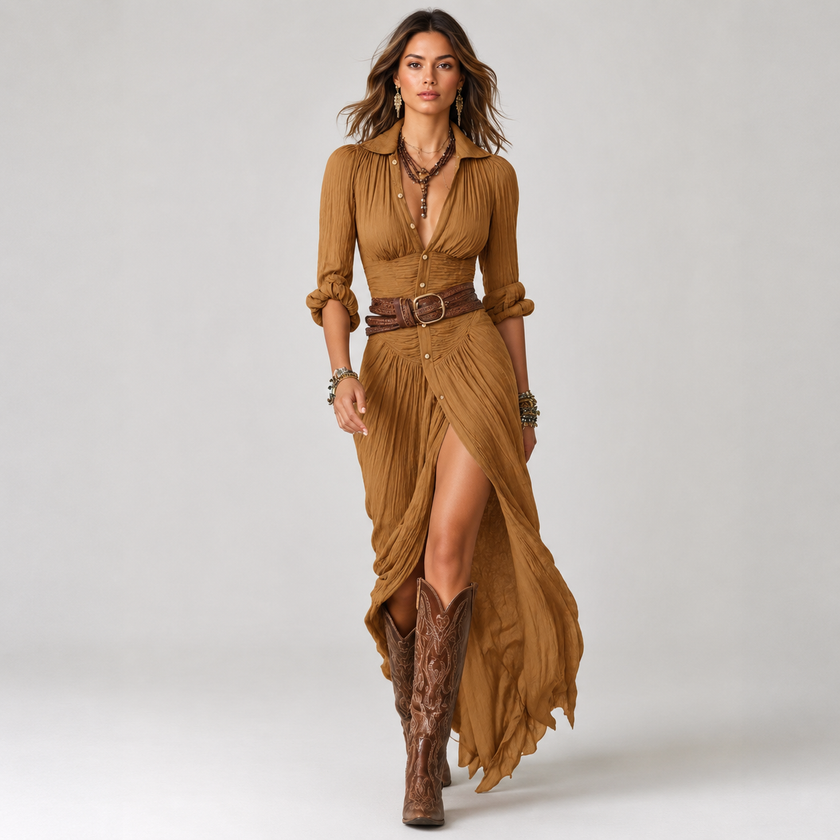 Maxi Dress Shawl Collar Belted Elegant Formal Evening Occasion Wear