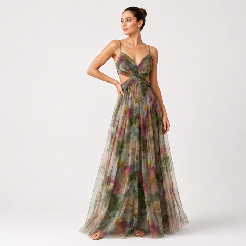 Pleated Maxi Dress Spaghetti Strap Floral Occasion Wear
