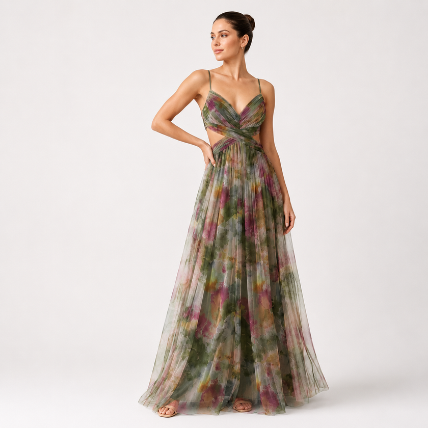 Pleated Maxi Dress Spaghetti Strap Floral Occasion Wear