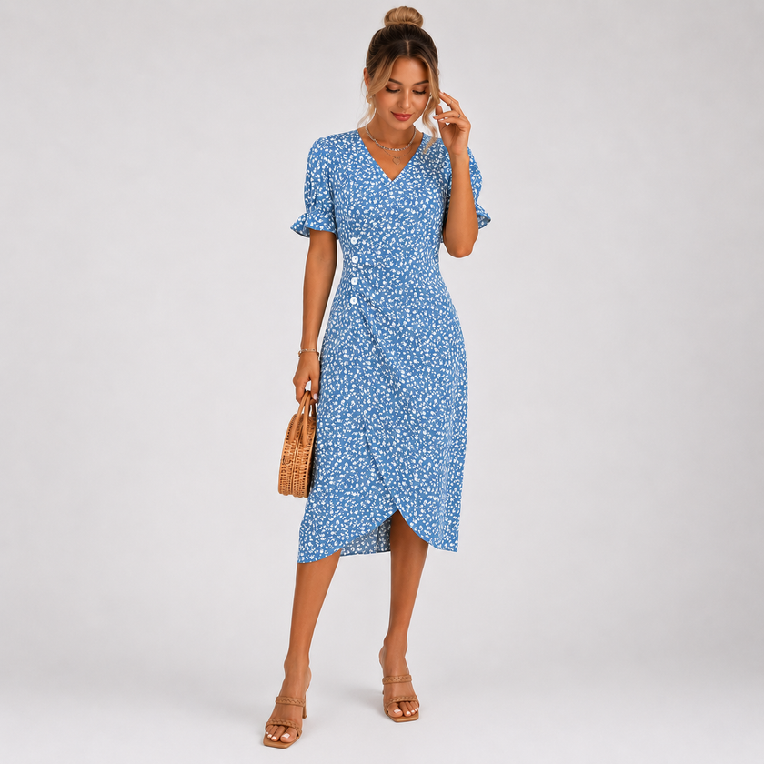 Floral Wrap Midi Dress V Neck Short Sleeve Casual Occasion Wear