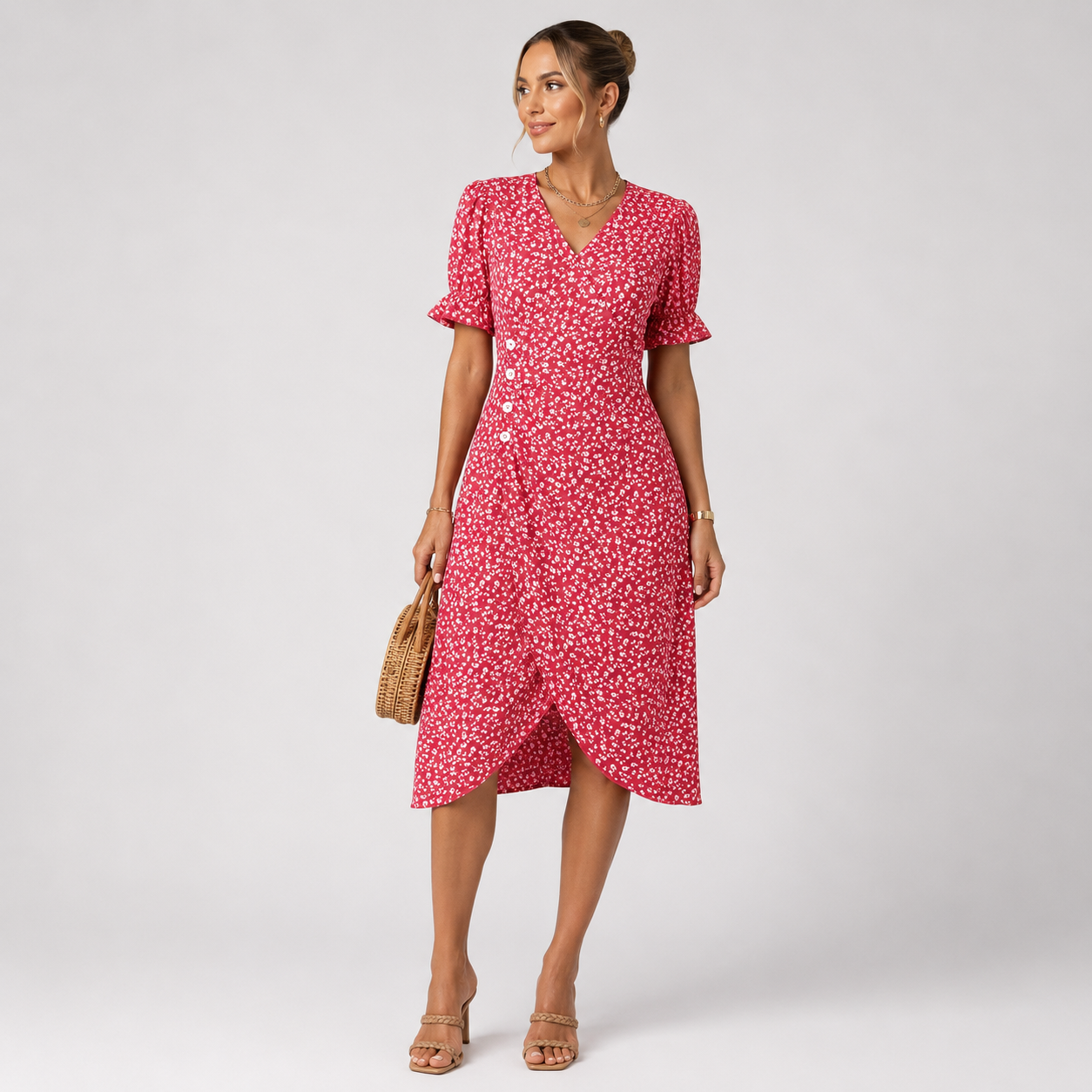 Floral Wrap Midi Dress V Neck Short Sleeve Casual Occasion Wear