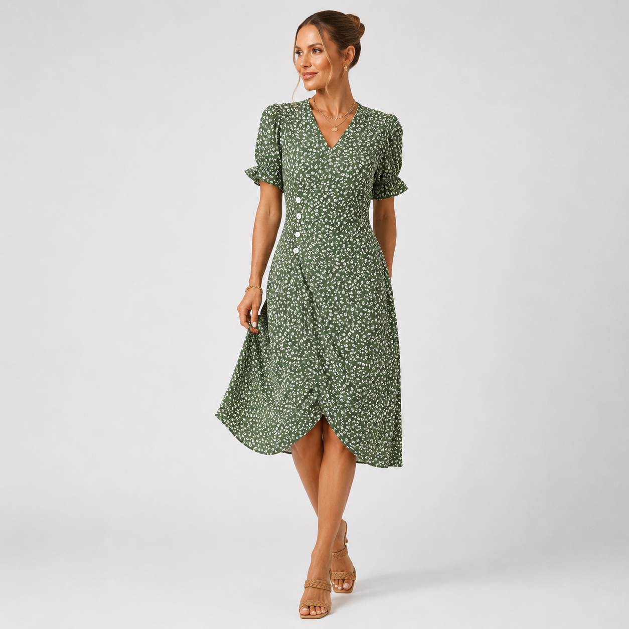 Floral Wrap Midi Dress V Neck Short Sleeve Casual Occasion Wear