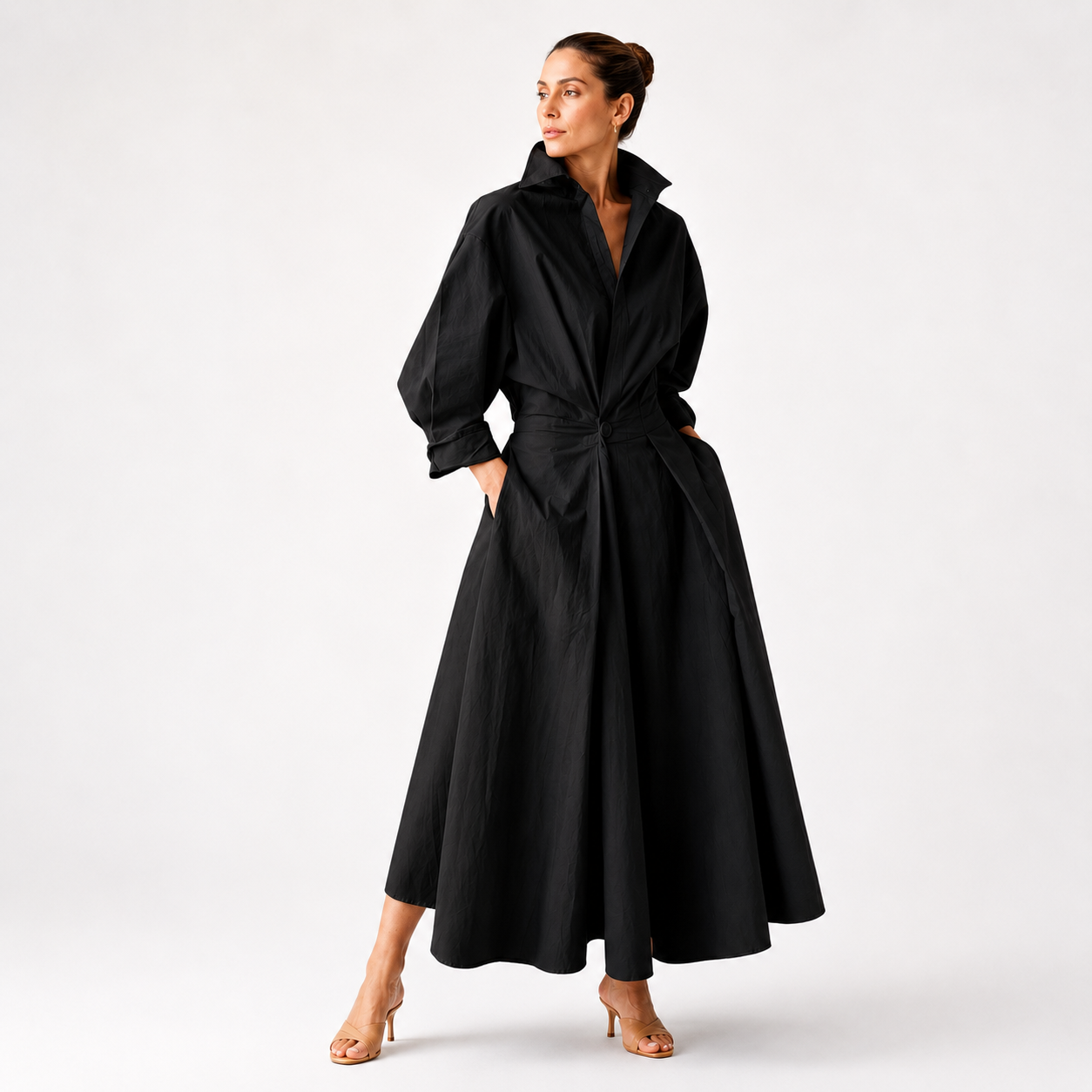 Shirt Maxi Dress Pleated Waist Long Sleeve Casual Occasion Wear