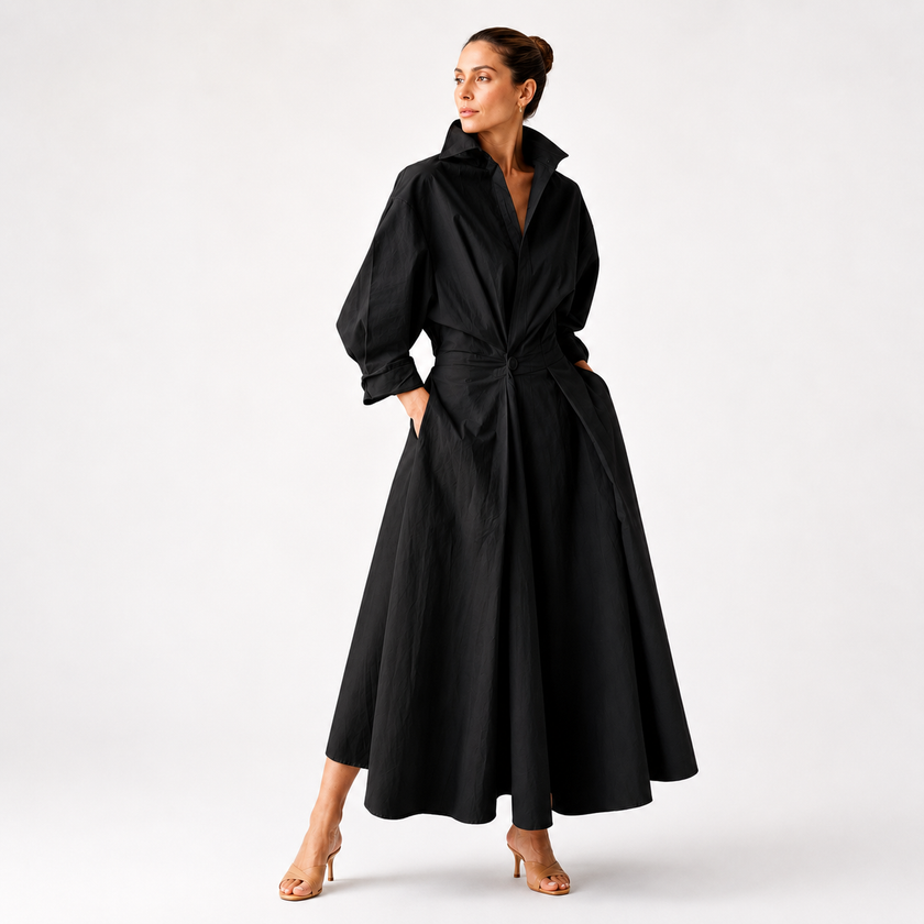 Shirt Maxi Dress Pleated Waist Long Sleeve Casual Occasion Wear