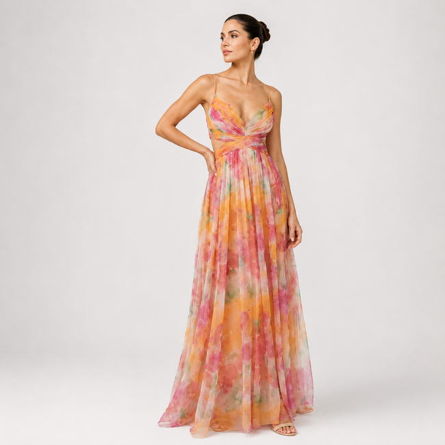 Pleated Maxi Dress Spaghetti Strap Floral Occasion Wear