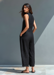 Celia Wide-Leg Button-Front Sleeveless Jumpsuit Casual Pockets