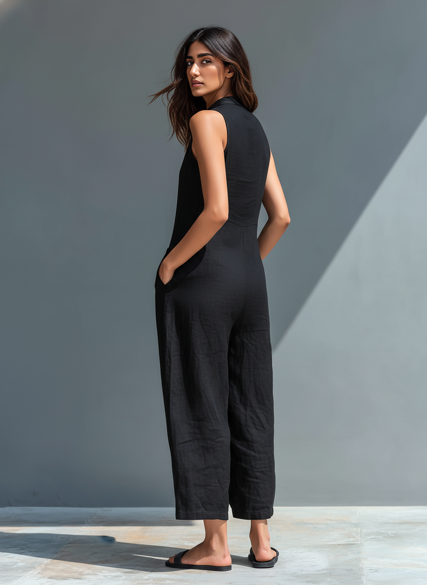 Celia Wide-Leg Button-Front Sleeveless Jumpsuit Casual Pockets