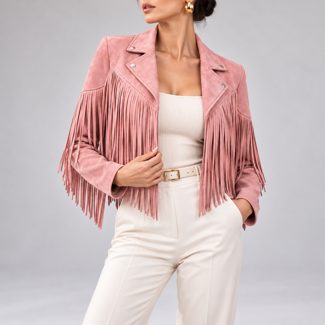 Savannah Cropped Boho Fringe Suede Jacket