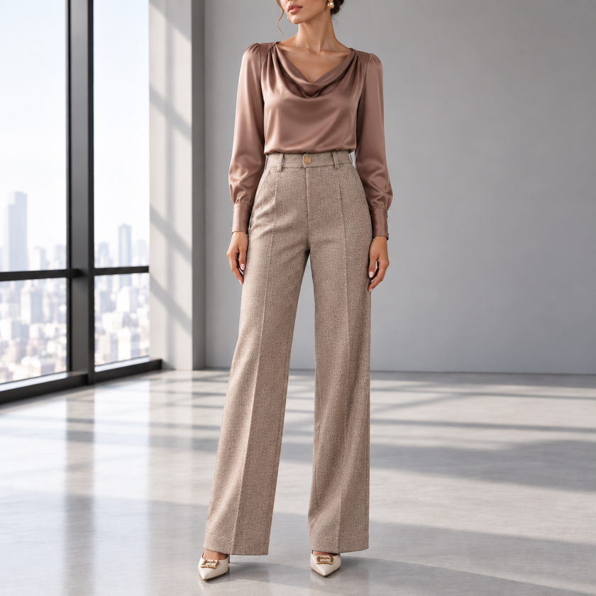 Lorenza Herringbone High-Waist Wide-Leg Pants