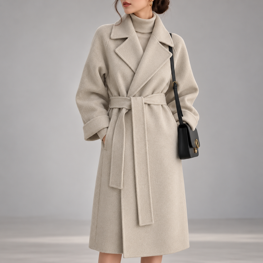 Perla Belted Wide-Lapel Wrap Coat