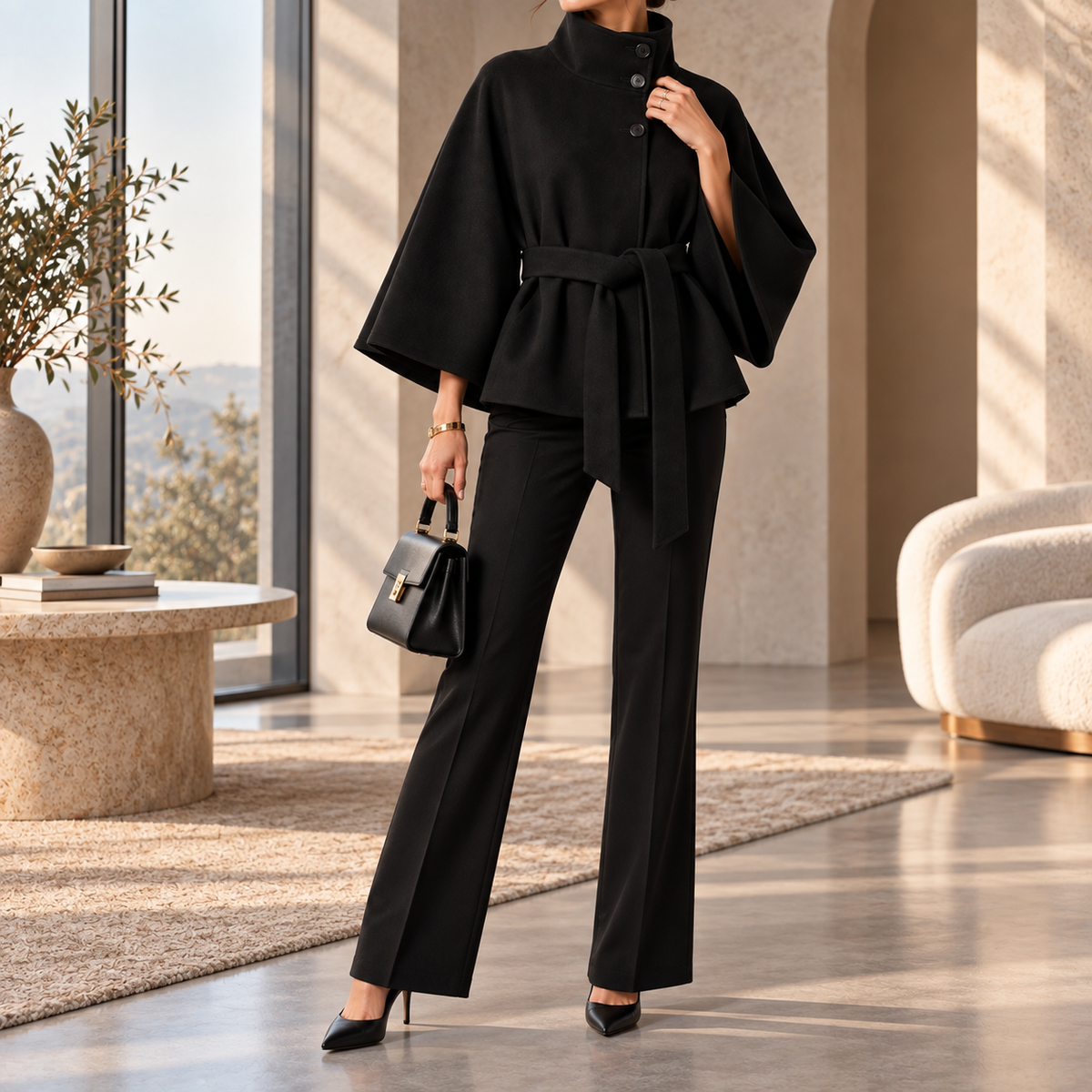 Simone Belted High-Neck Cape Coat
