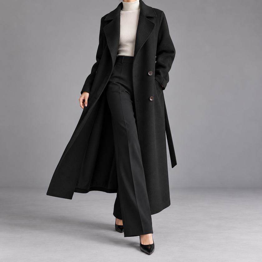 Larissa Belted Double-Breasted Long Wool Coat