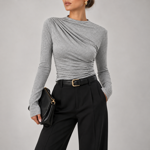 Fiorella Ruched Mock-Neck Long-Sleeve Top