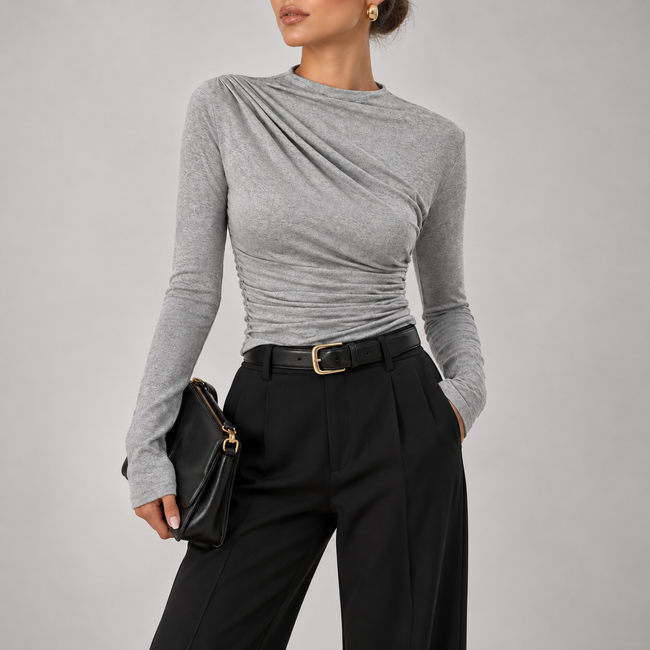 Fiorella Ruched Mock-Neck Long-Sleeve Top