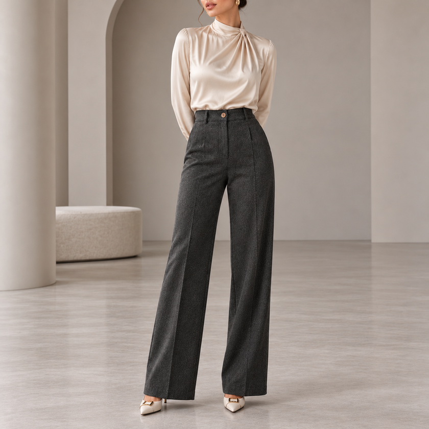 Lorenza Herringbone High-Waist Wide-Leg Pants